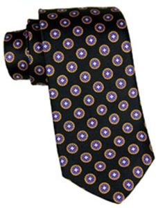 Best of Class Extra Long Handsewn Italian Printed Wide Wale Foulard Tie in Black