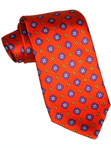 Best of Class Extra Long Handsewn Italian Printed Wide Wale Foulard Tie in Orange