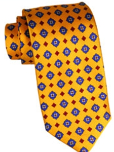 Best of Class Extra Long Handsewn Italian Printed Wide Wale Foulard Tie in Gold