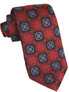 Best of Class Extra Long Handsewn Italian Woven Jacquard Medallion Tie in Red