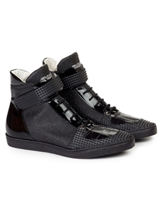 Black Nemo Pebble Grain/Patent/Crocodile Sneaker | Mauri Men's Sneakers | Sam's Tailoring Fine Men's Shoes