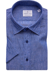 Navy Blue Printed Men's Short Sleeve Shirt | Emanuel Berg Short Sleeve Shirts | Sam's Tailoring Fine Men's Shirts