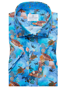 Turtle Print On Blue Backgorund Byron Shirt | Emanuel Berg Short Sleeve Shirts | Sam's Tailoring Fine Men's Shirts