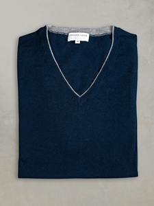 Navy St. Barths Contrast V-Neck Cashmere Sweater | Lorenzo Uomo Sweaters Collection | Sam's Tailoring Fine Men Clothing