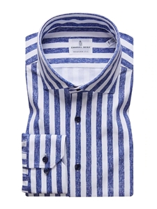White & Navy Striped Modern 4Flex Stretch Knit Shirt | Emanuel Berg Shirts Collection | Sam's Tailoring Fine Men's Clothing