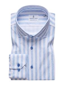 White & Blue Striped Modern 4Flex Stretch Knit Shirt | Emanuel Berg Shirts Collection | Sam's Tailoring Fine Men's Clothing