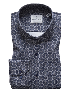 Grey, Navy & Blue Geometric Modern 4Flex Stretch Knit Shirt | Emanuel Berg Shirts | Sam's Tailoring Fine Men Clothing