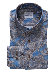 Blue, Brown & White Paisley Modern 4Flex Knit Shirt | Emanuel Berg Shirts Collection | Sam's Tailoring Fine Men Clothing