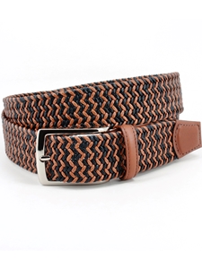 Tan/Navy Italian Braided Stretch Leather Cording Belt | Torino Leather Belts Collection | Sam's Tailoring Fine Men's Clothing