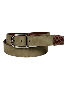 Light Olive Suede Calfskin With Crocodile-Embossed Calfskin Tabs Belt | Torino Leather Cool Casual Belts Collection | Sam's Tailoring Fine Men's Clothing