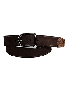 Brown Suede Calfskin Crocodile-Embossed Calfskin Tabs Belt | Torino Leather Cool Casual Belts Collection | Sam's Tailoring Fine Men's Clothing