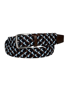 Light Blue & Black Multi Italian Woven Rayon Stretch Dark Brown Tabs Belt | Torino Leather Resort Casual Belts Collection | Sam's Tailoring Fine Men's Clothing
