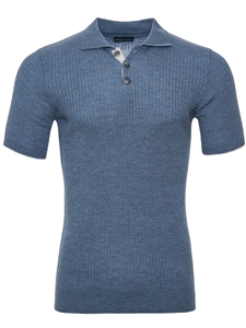 Medium Blue Men's Short Sleeve Ribbed Buttons Polo | Emanuel Berg Polos Collection | Sam's Tailoring Fine Men's Clothing