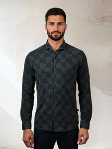 Black Warped Checkerboard Long Sleeve Rover Shirt | Stone Rose Shirts Collection | Sam's Tailoring Fine Men Clothing