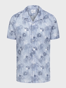 Blue Cotton Linen Printed Pyjama Collar S/S Casual Shirt | Emanuel Berg Short Sleeve Shirts Collection | Sam's Tailoring Fine Men Clothing
