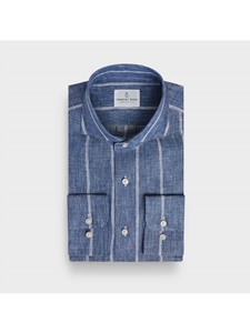 Navy Striped Linen Luxe Casual Sartorial Men's Shirt | Emanuel Berg Casual Shirts Collection | Sam's Tailoring Fine Men Clothing