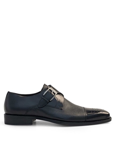 Black Dual Textured Cap Toe Monk Strap Phoenix Shoe | Mezlan Monk Strap Shoes Collection | Sam's Tailoring Fine Men's Clothing