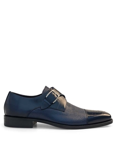 Blue Dual Textured Cap Toe Monk Strap Phoenix Shoe | Mezlan Monk Strap Shoes Collection | Sam's Tailoring Fine Men's Clothing