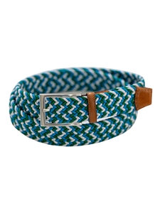 Green, White & Blue Game Day Italian Woven Stretch Belt | Torino Leather Resort Casual Belts Collection | Sam's Tailoring Fine Men's Clothing