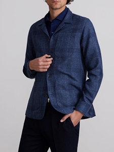 Dark Blue Dobby Check 3 Open Patch D-Constructed Shirt Jacket | Emanuel Berg Jackets Collection | Sam's Tailoring Fine Men Clothing