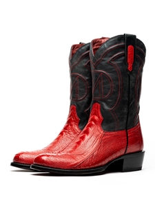 Red Genuine Ostrich Leg Skin Men's Cowboy Boot | Western Boots Collection | Sam's Tailoring Fine Men's Clothing