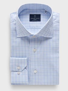 Light Blue Checked Cotton Twill Premium Luxury Yoga Dress Shirt | Emanuel Berg Business Shirts Collection | Sam's Tailoring Fine Men Clothing