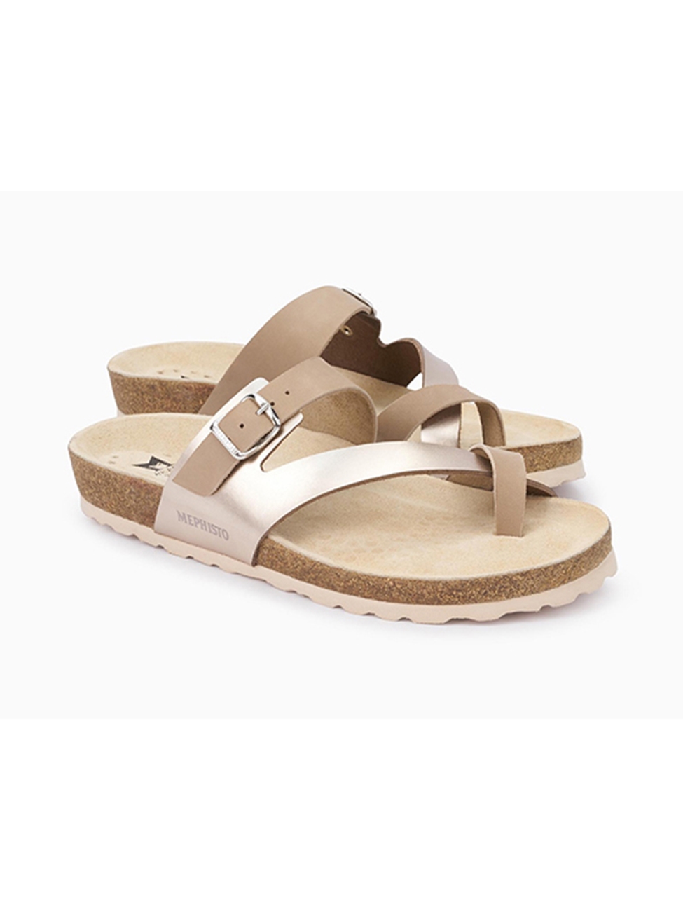 Sand Metallic Leather Cork Footbed Nubuck Sandal Women Cork Footbed