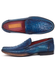 Blue Genuine Ostrich Opanka Stitched Moccasins | handmade Men Loafers | Sam's Tailoring Fine Men's Clothing