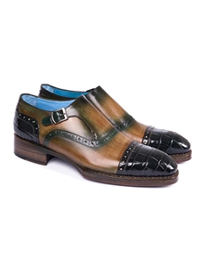 Green Genuine Crocodile & Calfskin Monkstraps Shoe | Hand Made Exotic Skins Shoes | Sam's Tailoring Fine Men Clothing