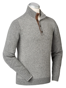 Bobby Jones Heather Grey Box Jacquard Button Placket Sweater
