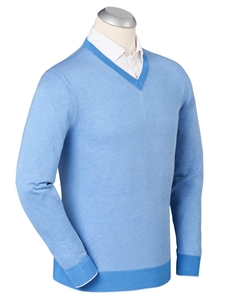 Sky Blue Luxe Cotton Hairline Stripe V-Neck Sweater | Bobby Jones Sweaters Collection | Sams Tailoring Fine Men's Clothing