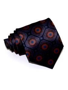 Blue & Dark Orange Geometric Pattern Tailored Silk Tie | Italo Ferretti Ties Collection | Sam's Tailoring Fine Men's Clothing