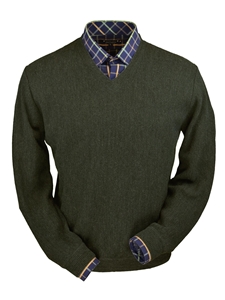 Pine Olive Heather Baby Alpaca V-Neck Sweater | Peru Unlimited V-Neck Sweaters | Sam's Tailoring Fine Men's Clothing