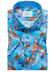 Turtle Print On Blue Background Byron Slim Shirt | Emanuel Berg Short Sleeve Shirts | Sam's Tailoring Fine Men's Shirts