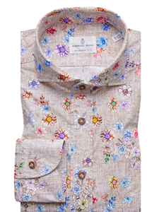 Tan With Multi Flower Printed Harvard Shirt | Emanuel Berg Shirts Collection | Sam's Tailoring Fine Men's Clothing