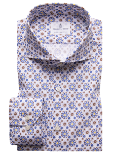 White With Blue & Brown Printed Harvard Shirt | Emanuel Berg Shirts Collection | Sam's Tailoring Fine Men's Clothing