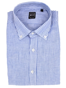 White & Blue Stripe Linen Button Down Sport Shirt | IKE Behar Sport Shirts | Sam's Tailoring Fine Men's Clothing