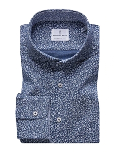 Navy & White Floral Stretch Printed Jersey Shirt  | Emanuel Berg Shirts Collection | Sam's Tailoring Fine Men's Clothing
