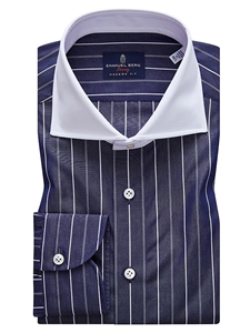Navy With White Stripe Luxury Dress Shirt | Emanuel Berg Shirts Collection | Sam's Tailoring Fine Men's Clothing