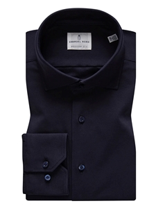 Navy Solid Modern 4Flex Stretch Knit Dress Shirt | Emanuel Berg Shirts Collection | Sam's Tailoring Fine Men's Clothing