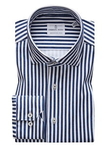 White & Navy Stripe Modern 4Flex Stretch Knit Shirt | Emanuel Berg Shirts | Sam's Tailoring Fine Men Clothing