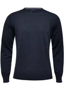 Navy Solid Light Gauge Crew Neck Knit Sweater | Emanuel Berg Sweaters Collection | Sam's Tailoring Fine Men's Clothing