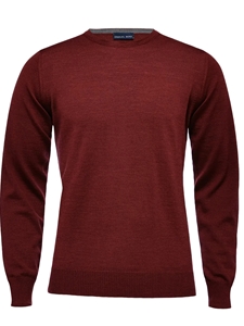 Dark Red Solid Light Gauge Crew Neck Knit Sweater | Emanuel Berg Sweaters Collection | Sam's Tailoring Fine Men's Clothing