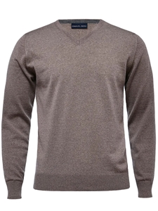 Taupe Solid Light Gauge V-Neck Men's Knit Sweater | Emanuel Berg Sweaters Collection | Sam's Tailoring Fine Men's Clothing