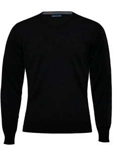 Black Solid Light Gauge V-Neck Men's Knit Sweater | Emanuel Berg Sweaters Collection | Sam's Tailoring Fine Men's Clothing