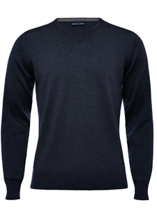 Navy Solid Light Gauge V-Neck Men's Knit Sweater | Emanuel Berg Sweaters Collection | Sam's Tailoring Fine Men's Clothing