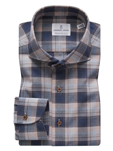 Navy & Brown Check Twill Flannel Melange Shirt | Emanuel Berg Shirts | Sam's Tailoring Fine Men Clothing