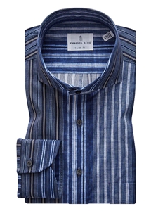 Blue Multi Stripes Poplin Stretch Men's Sport Shirt | Emanuel Berg Sport Shirts | Sam's Tailoring Fine Men Clothing