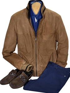 Tan Suede Bomber Curved Collar Mens Jacket | Marcello Sport Outerwear Collection | Sam's Tailoring Fine Men's Clothing