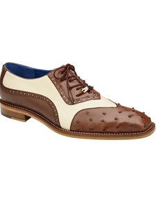 Brown/Cream Genuine Ostrich Quill Sesto Shoe | Belvedere Dress Shoes Collection | Sam's Tailoring Fine Men's Clothing